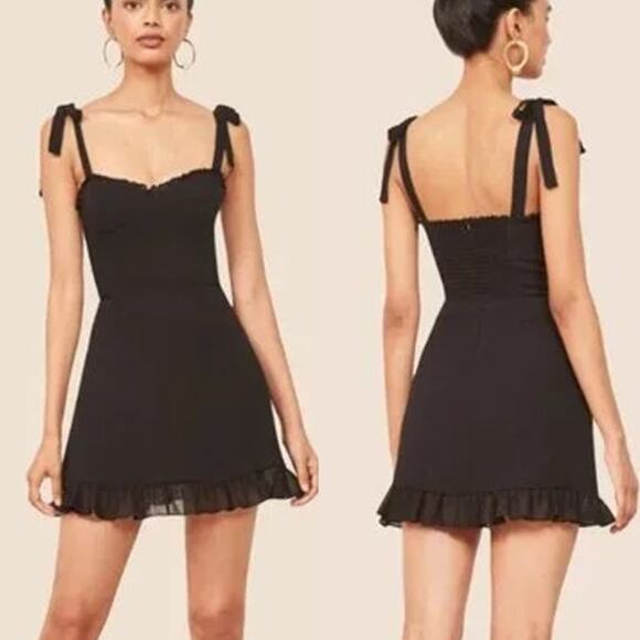 Reformation Christine Tie Shoulder Sweetheart Neck Mini Dress Black Women's US 4 - Picture 1 of 7